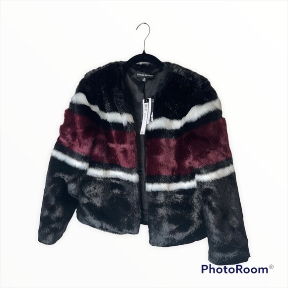 NWT CATHERINE MALANDRINO Black Burgundy Color Block Faux Fur Bomber Jacket Sz XS - Picture 5 of 8